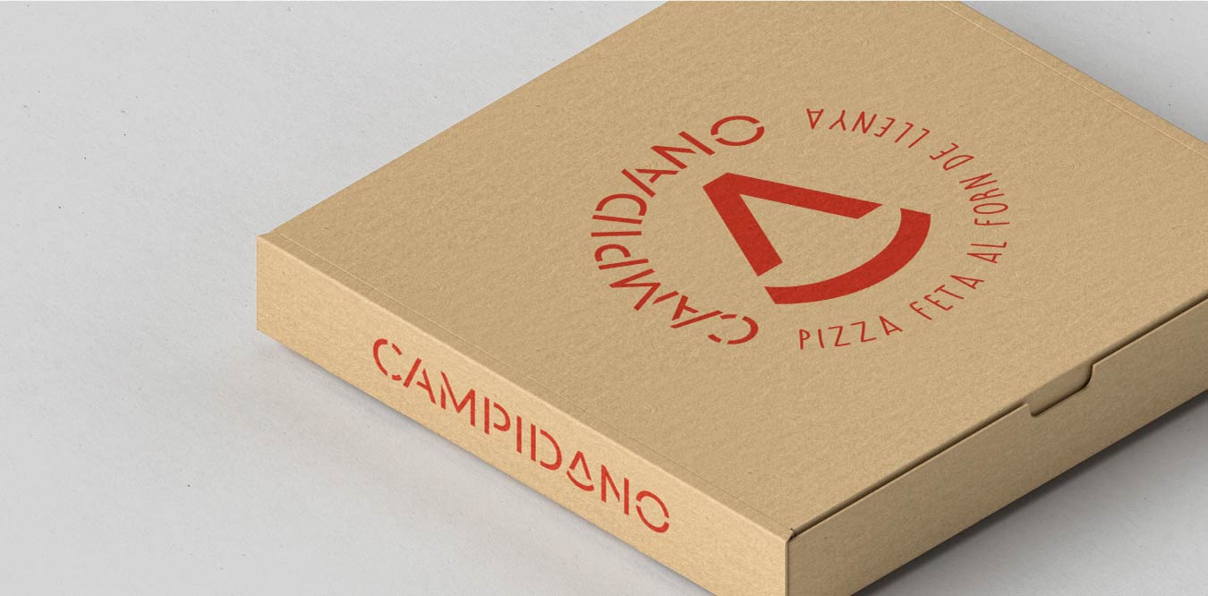 Aplicació d'imatge corporativa en el packaging per a la pizzeria Campidano.